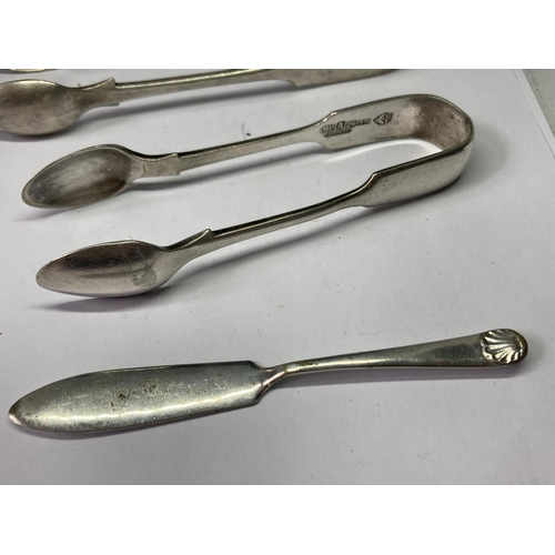 743 - FOUE SILVER PLATED ITEMS TO INCLUDE THREE SETS OF NIPS AND A BUTTER KNIFE