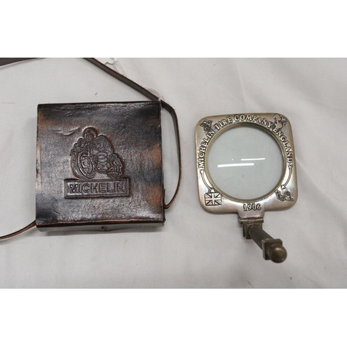 1001 - A BRASS MICHELIN MAGNIFYING GLASS IN A LEATHER CASE