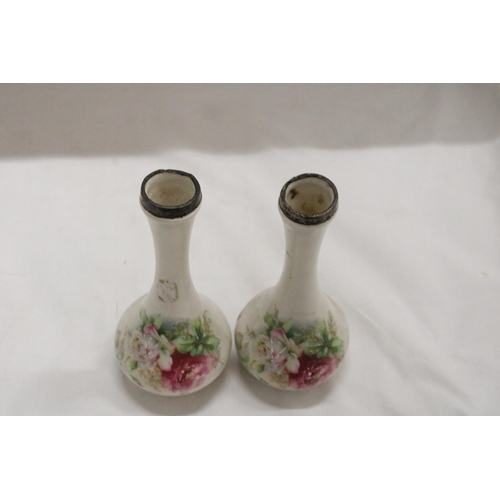 1002 - A PAIR OF VINTAGE FLORAL VSES WITH HALLMARKED SILVER RIMS, HEIGHT 18CM