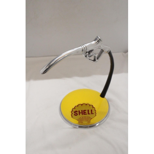 1008 - A CHROME AND YELLOW SHELL PETROL PUMP HANDLE, HEIGHT 33CM