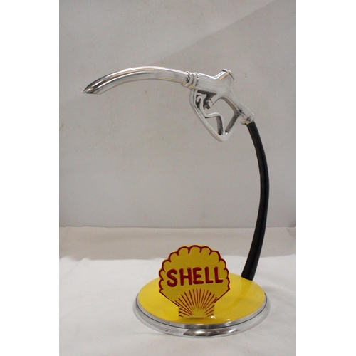 1008 - A CHROME AND YELLOW SHELL PETROL PUMP HANDLE, HEIGHT 33CM