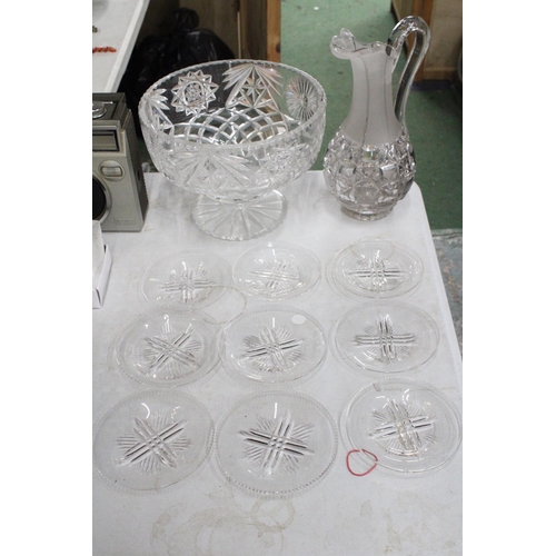 1028 - A QUANTITY OF GLASSWARE TO INCLUDE A LAGE FOOTED BOWL, LARGE JUG AND NINE COASTERS