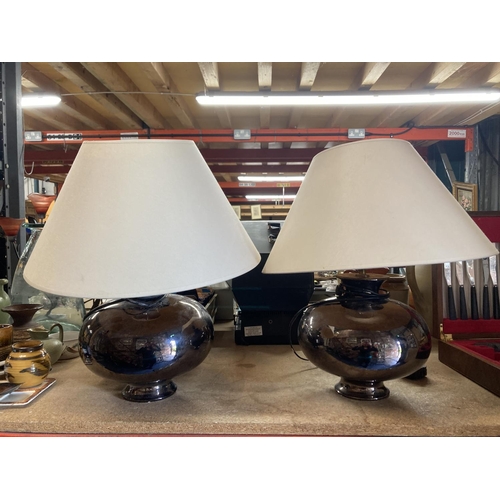 1052 - TWO LARGE TABLE LAMPS, WITH BULBOUS BASES, WITH SHADES