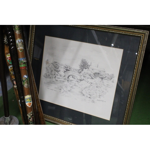 1121 - A FRAMED PENCIL DRAWING OF PEAK FOREST CANAL BY KENNETH MILES TOGETHER WITH TWO FRAMED PRINTS OF WIN... 