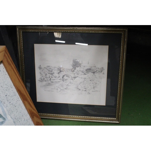 1121 - A FRAMED PENCIL DRAWING OF PEAK FOREST CANAL BY KENNETH MILES TOGETHER WITH TWO FRAMED PRINTS OF WIN... 