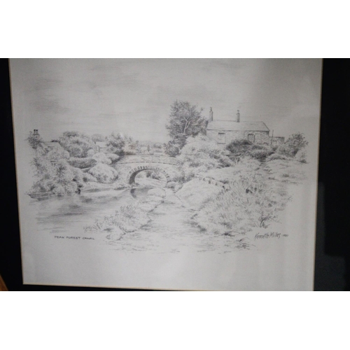 1121 - A FRAMED PENCIL DRAWING OF PEAK FOREST CANAL BY KENNETH MILES TOGETHER WITH TWO FRAMED PRINTS OF WIN... 