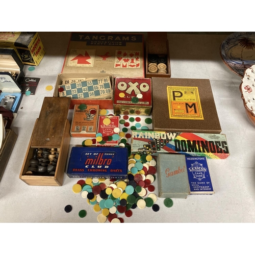 1132 - A QUANTITY OF GAMES, ETC TO INCLUDE DOMINOES, DRAUGHTS, DARTS, TIDDLYWINKS, PLAYING CARDS, ETC