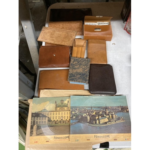 1134 - A QUANTITY OF VINTAGE LEATHER WALLETS, CASED PLAYING CARDS, 'FONDOSCOPES', ETC