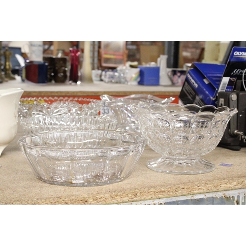 1167 - FIVE VINTAGE GLASS BOWLS AND A CAKE PLATE