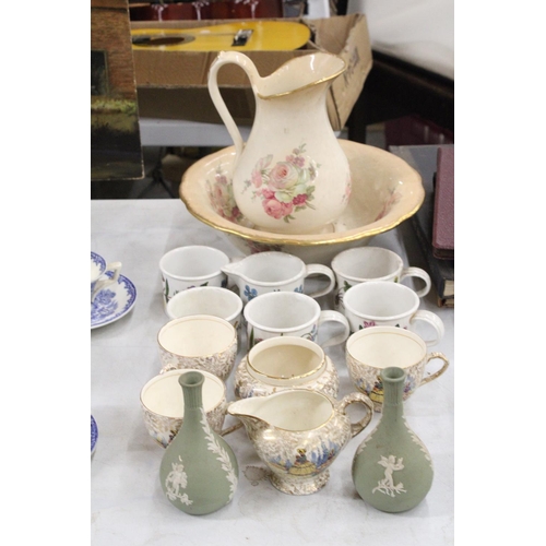 1182 - A LARGE VICTORIAN 'BLAKENEY', WASH BOWL AND JUG, PORTMEIRION BOTANIC GARDEN CUPS, A SUGAR BOWL AND C... 