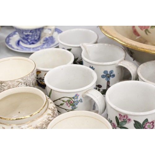 1182 - A LARGE VICTORIAN 'BLAKENEY', WASH BOWL AND JUG, PORTMEIRION BOTANIC GARDEN CUPS, A SUGAR BOWL AND C... 