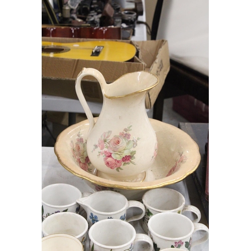 1182 - A LARGE VICTORIAN 'BLAKENEY', WASH BOWL AND JUG, PORTMEIRION BOTANIC GARDEN CUPS, A SUGAR BOWL AND C... 