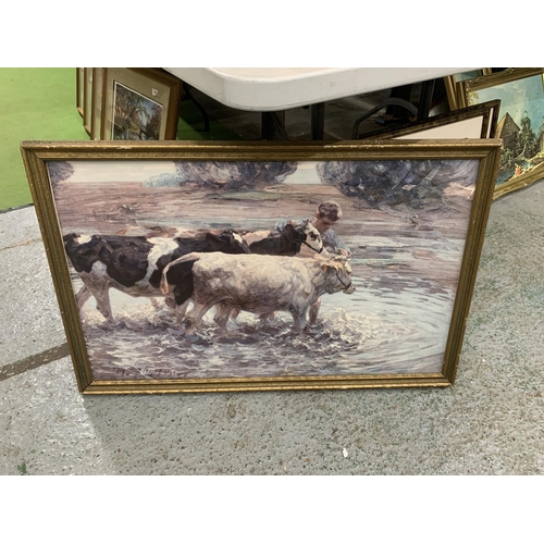 1190 - A VINTAGE PRINT OF A BOY AND CATTLE IN A RIVER, 92CM X 58CM