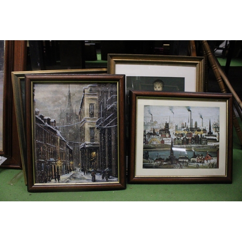 1200 - TWO FRAMED 'RAFFLES' HOTEL FIRST DAY COVERS, A LOWRY PRINT, PLUS TWO OTHER PRINTS - 4 IN TOTAL