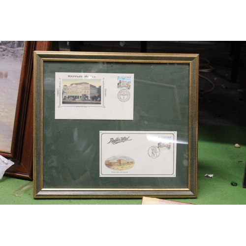 1200 - TWO FRAMED 'RAFFLES' HOTEL FIRST DAY COVERS, A LOWRY PRINT, PLUS TWO OTHER PRINTS - 4 IN TOTAL