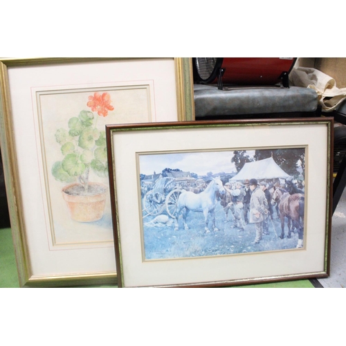 1247 - A MIXED MEDIA PICTURE OF A PLANT IN A POT, PLUS A PRINT OF A HORSE FAIR