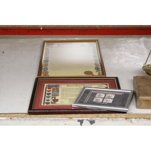 1265 - TWO FRAMED FAMILY HISTORY DOCUMENTS FOR THE NAME 'ELKINS' PLUS A SET OF FOUR HERALDRY STAMPS