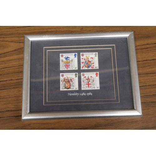 1265 - TWO FRAMED FAMILY HISTORY DOCUMENTS FOR THE NAME 'ELKINS' PLUS A SET OF FOUR HERALDRY STAMPS