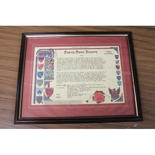 1265 - TWO FRAMED FAMILY HISTORY DOCUMENTS FOR THE NAME 'ELKINS' PLUS A SET OF FOUR HERALDRY STAMPS