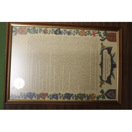 1265 - TWO FRAMED FAMILY HISTORY DOCUMENTS FOR THE NAME 'ELKINS' PLUS A SET OF FOUR HERALDRY STAMPS