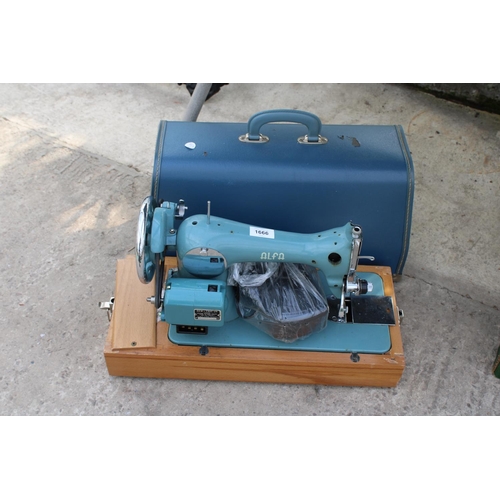 1666 - A RETRO ALPHA ELECTRIC SEWING MACHINE WITH FOOT PEDAL AND CARRY CASE