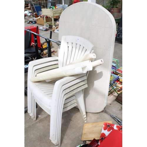 1940 - A WHITE PLASTIC GARDEN TABLE AND FOUR STACKING CHAIRS