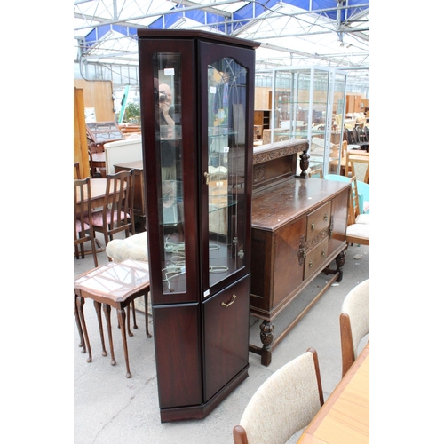 2668 - A MODERN MAHOGANY EFFECT CORNER CUPBOARD WITH GLAZED UPPER PORTION, 31