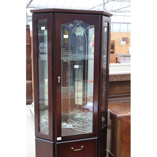 2668 - A MODERN MAHOGANY EFFECT CORNER CUPBOARD WITH GLAZED UPPER PORTION, 31