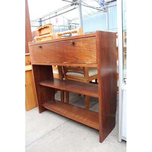 2673 - A MODERN HARDWOOD STORAGE SHELVES WITH DROP-DOWN DRAWER, 36