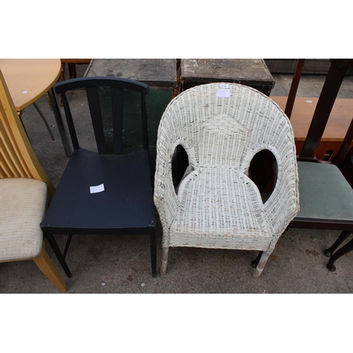 2736 - A WICKER CONSERVATORY CHAIR AND A MODERN GREY PAINTED DINING CHAIR