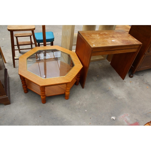 2949 - A RETRO TEAK VANITY TABLE WITH LIFT-UP TOP AND HEXAGONAL TWO TIER COFFEE TABLE