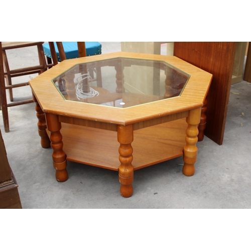 2949 - A RETRO TEAK VANITY TABLE WITH LIFT-UP TOP AND HEXAGONAL TWO TIER COFFEE TABLE