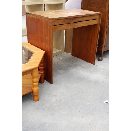 2949 - A RETRO TEAK VANITY TABLE WITH LIFT-UP TOP AND HEXAGONAL TWO TIER COFFEE TABLE