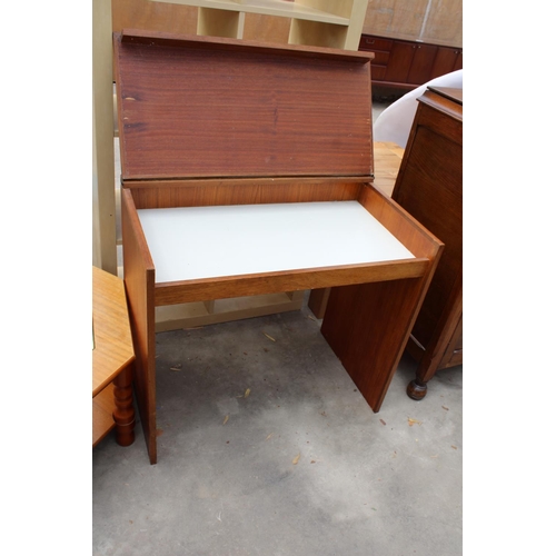 2949 - A RETRO TEAK VANITY TABLE WITH LIFT-UP TOP AND HEXAGONAL TWO TIER COFFEE TABLE