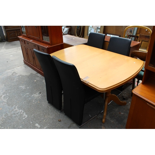 2960 - A MODERN HARDWOOD EXTENDING DINING TABLE AND FOUR BLACK FAUX LEATHER CHAIRS