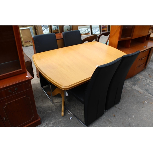 2960 - A MODERN HARDWOOD EXTENDING DINING TABLE AND FOUR BLACK FAUX LEATHER CHAIRS