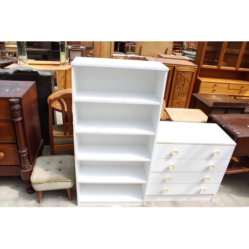 2987 - A MODERN WHITE CHEST OF FOUR DRAWERS, OPEN BOOKCASE AND SMALL STOOL