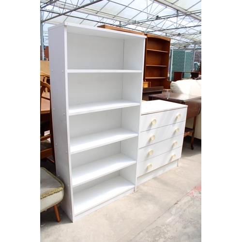 2987 - A MODERN WHITE CHEST OF FOUR DRAWERS, OPEN BOOKCASE AND SMALL STOOL