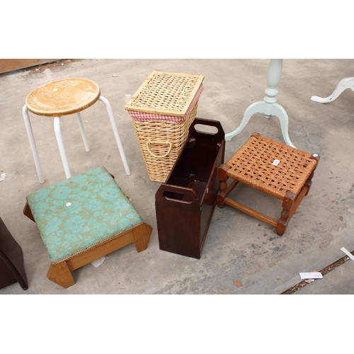 3019 - THREE SMALL STOOLS, MAGAZINE RACK AND BASKET