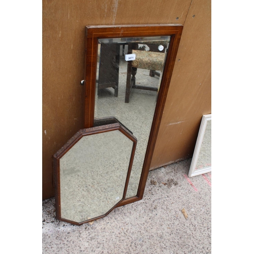 3071 - AN OAK OCTAGONAL MIRROR AND AN INLAID MAHOGANY MIRROR