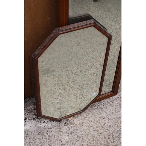 3071 - AN OAK OCTAGONAL MIRROR AND AN INLAID MAHOGANY MIRROR