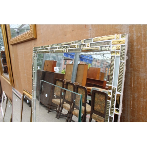 3080 - A LARGE MIRROR WITH COLOURED GLASS SIDE PANELS, 57