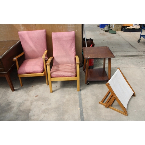 3108 - TWO SIMILAR 1950s FIRESIDE CHAIRS, BACK REST AND TV TABLE