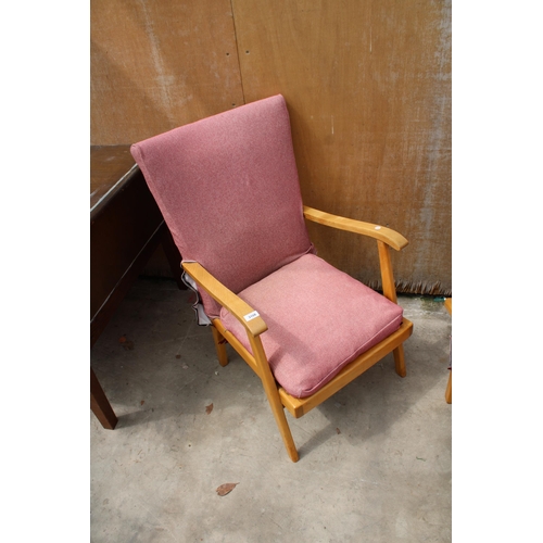 3108 - TWO SIMILAR 1950s FIRESIDE CHAIRS, BACK REST AND TV TABLE