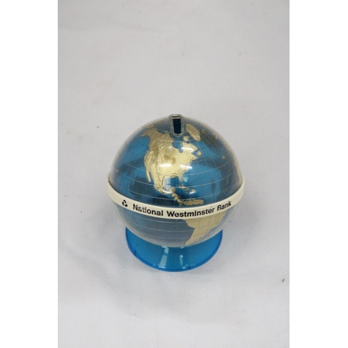 107 - A NATIONAL WESTMINSTER WORLD GLOBE 1970S MONEYBOX