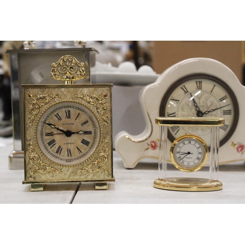 146 - FOUR MANTLECLOCKS TO INCLUDE A CARRIAGE CLCK, CERAMIC 'WESTCLOX', PLUS TWO SMALL MANTLE CLOCKS