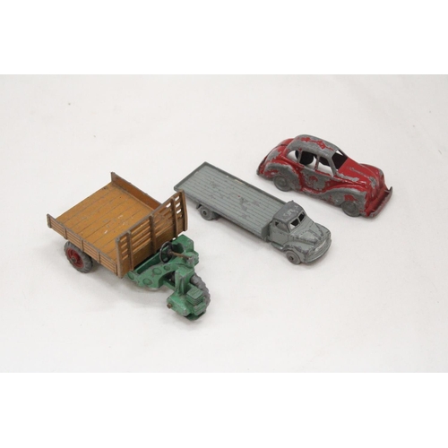 151 - THREE VINTAGE DINKY TOY CARS TO INCLUDE A BEDFORD WAGON, MOTOCART, ETC