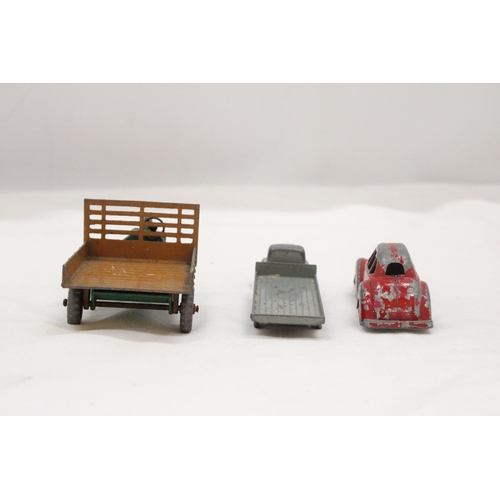 151 - THREE VINTAGE DINKY TOY CARS TO INCLUDE A BEDFORD WAGON, MOTOCART, ETC