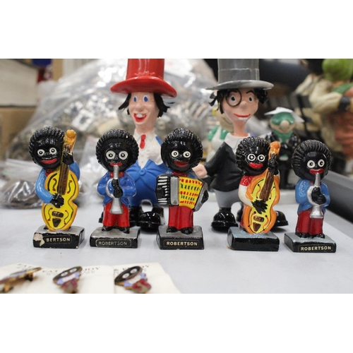 156 - A COLLECTION OF VINTAGE ROBERTSON'S 'GOLLY' FIGURES, THREE BADGES AND TWO DIDDY MEN