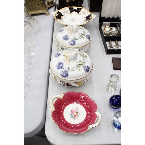 166 - TWO SPODE 'STAFFORD FLOWERS' LIDDED TUREENS, A VINTAGE COALPORT TAZA CAKE PLATE AND A COALPORT DISH